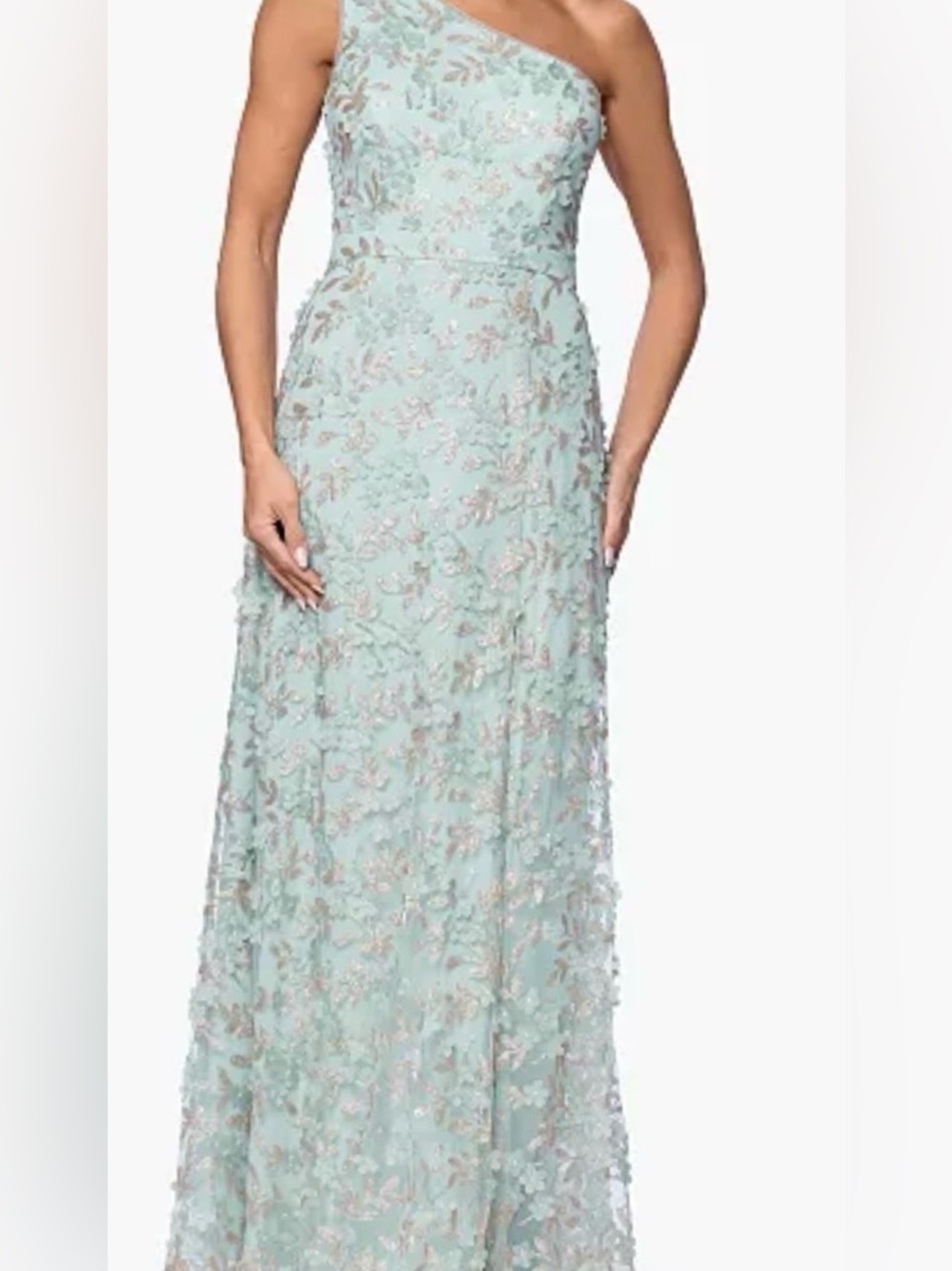 Xscape One-Shoulder Mint Green Embellished Evening Gown